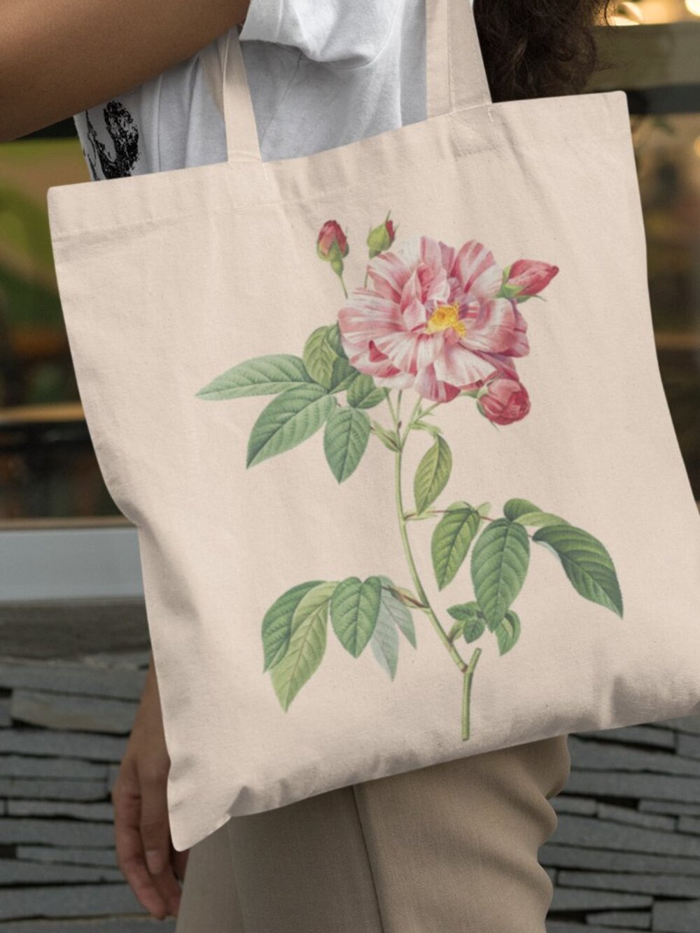 Rosa Mundi Vintage Floral Print Graphic Canvas Tote Bag